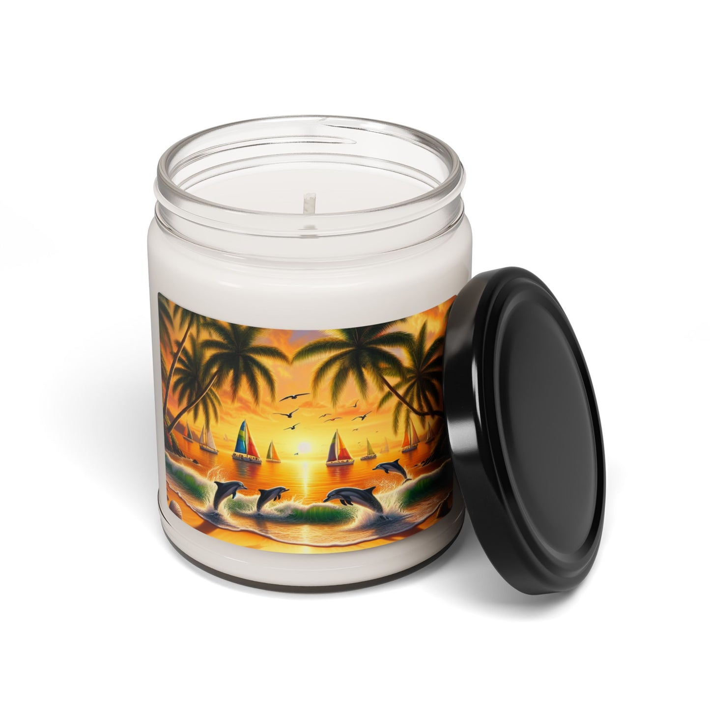 Scented Candle 9 Flavors "Dolphins' Paradise: A Tropical Sundown Symphony" - 1111 Tropical Beach Sunset with Palm Trees, Dolphins, and Sailboats Art