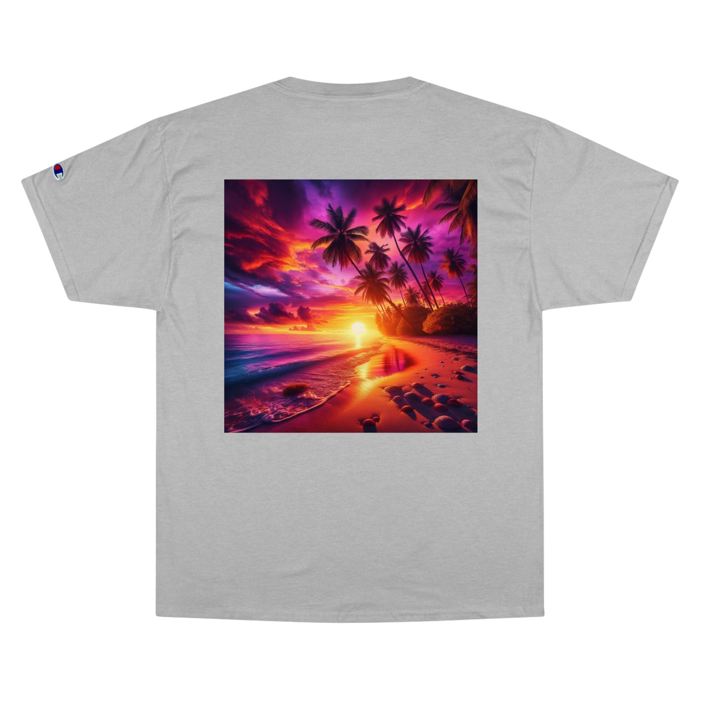 "Paradise Dusk: A Tropical Serenade" - Champion Tee Tropical Beach Sunset with Palm Trees