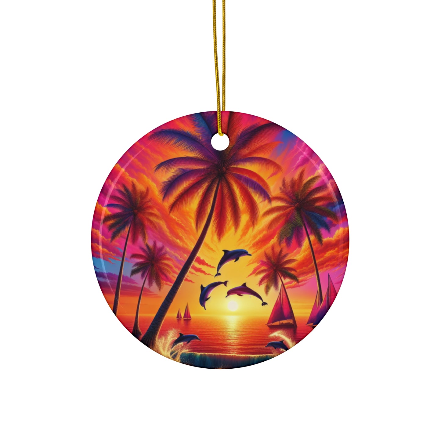 Ceramic Ornament Star, Heart, Snowflake or Circle 1111 "Serenity Sundown: A Tropical Paradise Escape" - Tropical Beach Sunset with Palm Trees