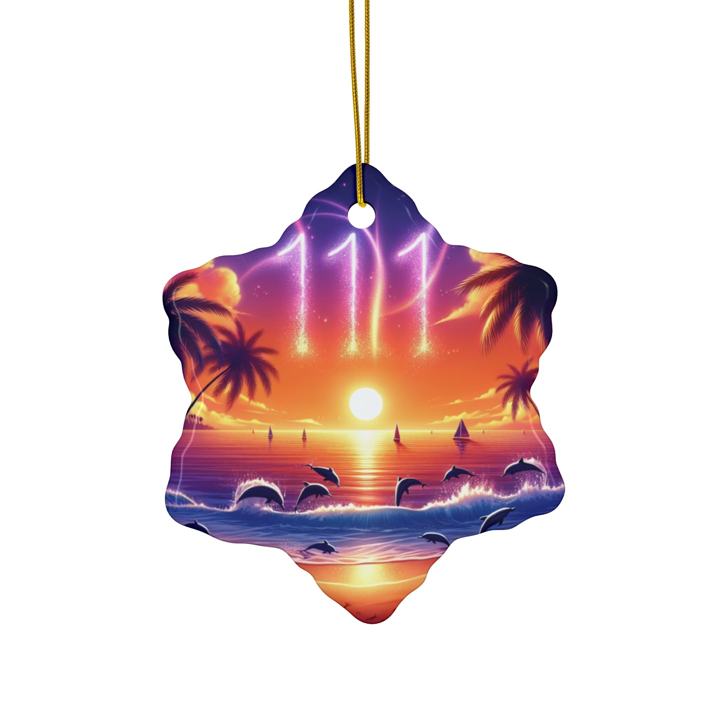 Ceramic Ornament Star, Heart, Snowflake or Circle 1111 "Paradise Serenity: A Tropical Sundown Symphony" - Tropical Beach Sunset with Palm Trees, Dolphins, and Sailboats