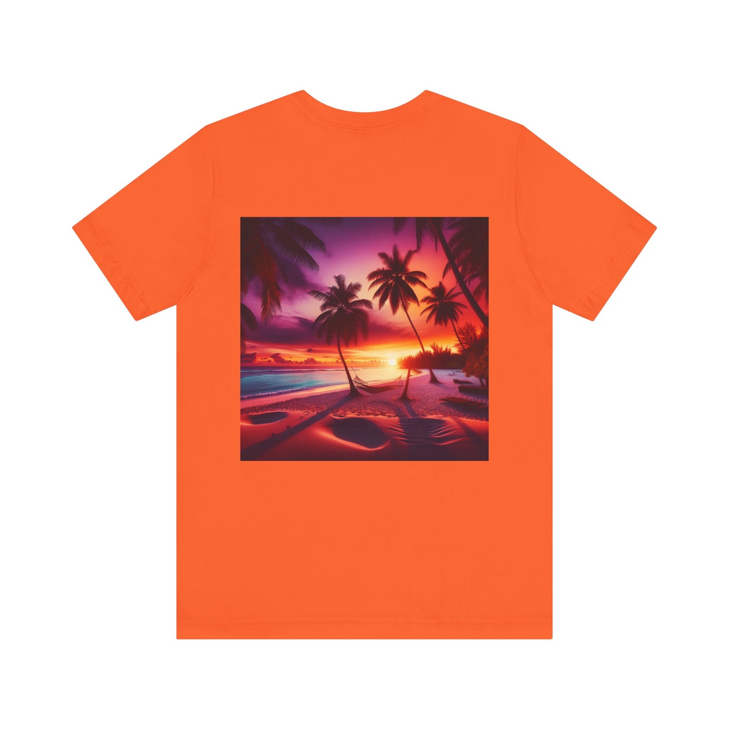 "Paradise Dusk: A Tropical Beach Sunset Symphony" - Tropical Beach Sunset with Palm Trees Unisex Jersey T-Shirt