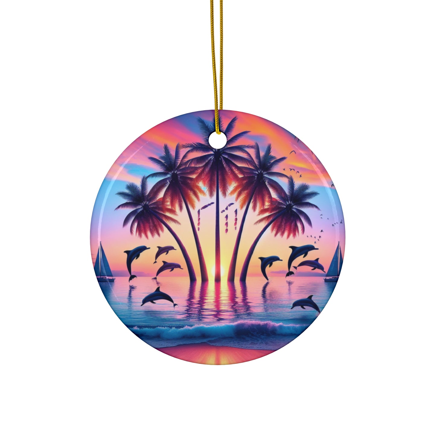 Ceramic Ornament Star, Heart, Snowflake or Circle 1111 "Paradise Twilight: A Tropical Transcendence" - Tropical Beach Sunset with Palm Trees, Dolphins, and Sailboats