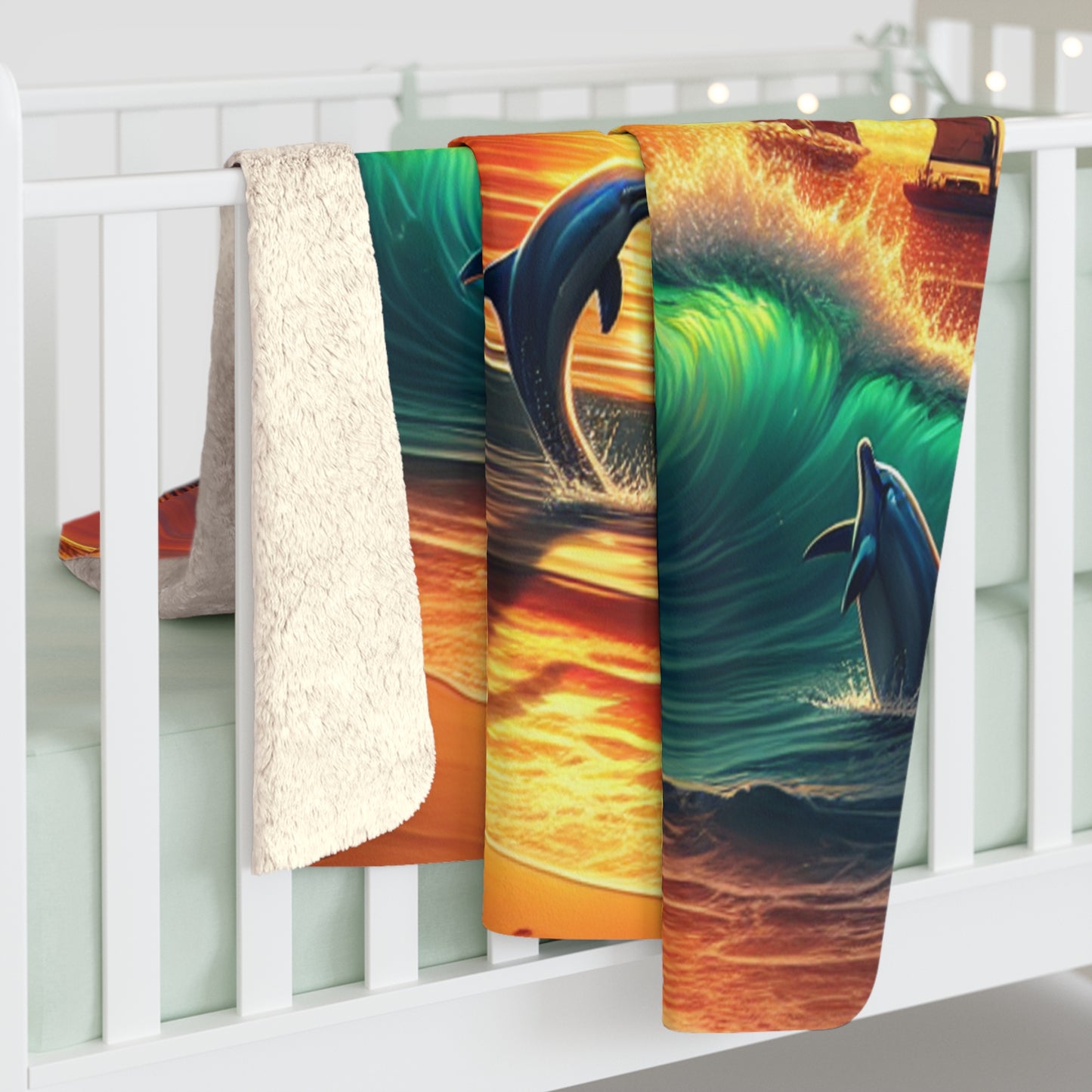 Tropical Beach Sherpa Fleece Blanket - Palm Trees, Dolphins, Sailboats - Angel Number 1111 - Positive Mindset Reminder - Visualization