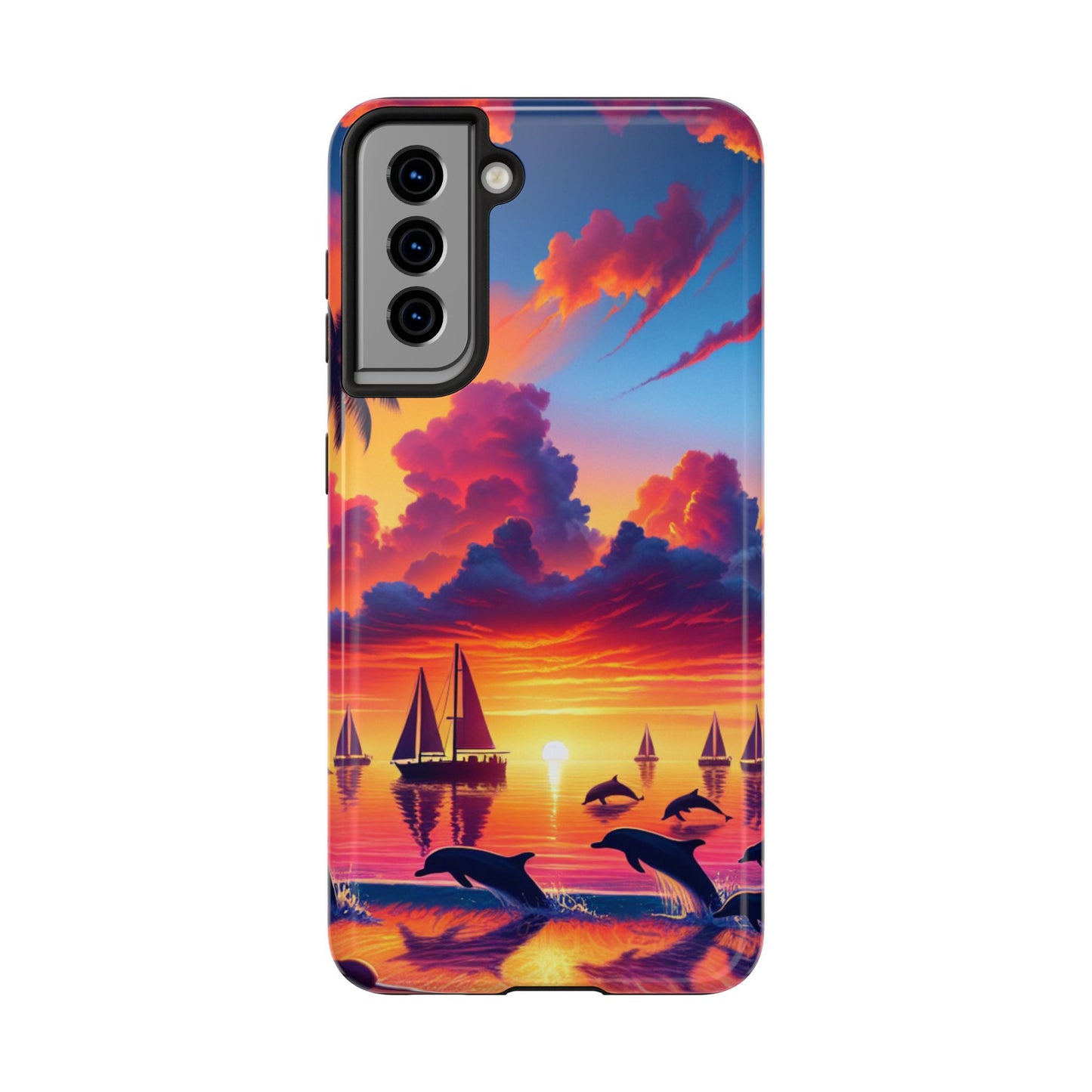 Samsung Galaxy S24 S23 S22 S21 Tough Phone Case "Serenity Sands: A Tropical Sunset Masterpiece" - 1111 Tropical Beach Palm Trees, Dolphins, and Sailboats Art