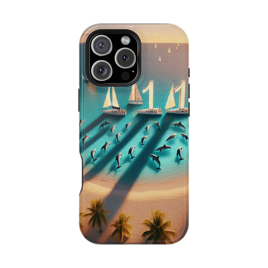 Tough Phone Case, Paradise Unveiled: A Tropical Sunset Symphony, Magnetic Iphone 13-16 Pro Plus and Max 1111, Beach Dolphins Sailboats, HD