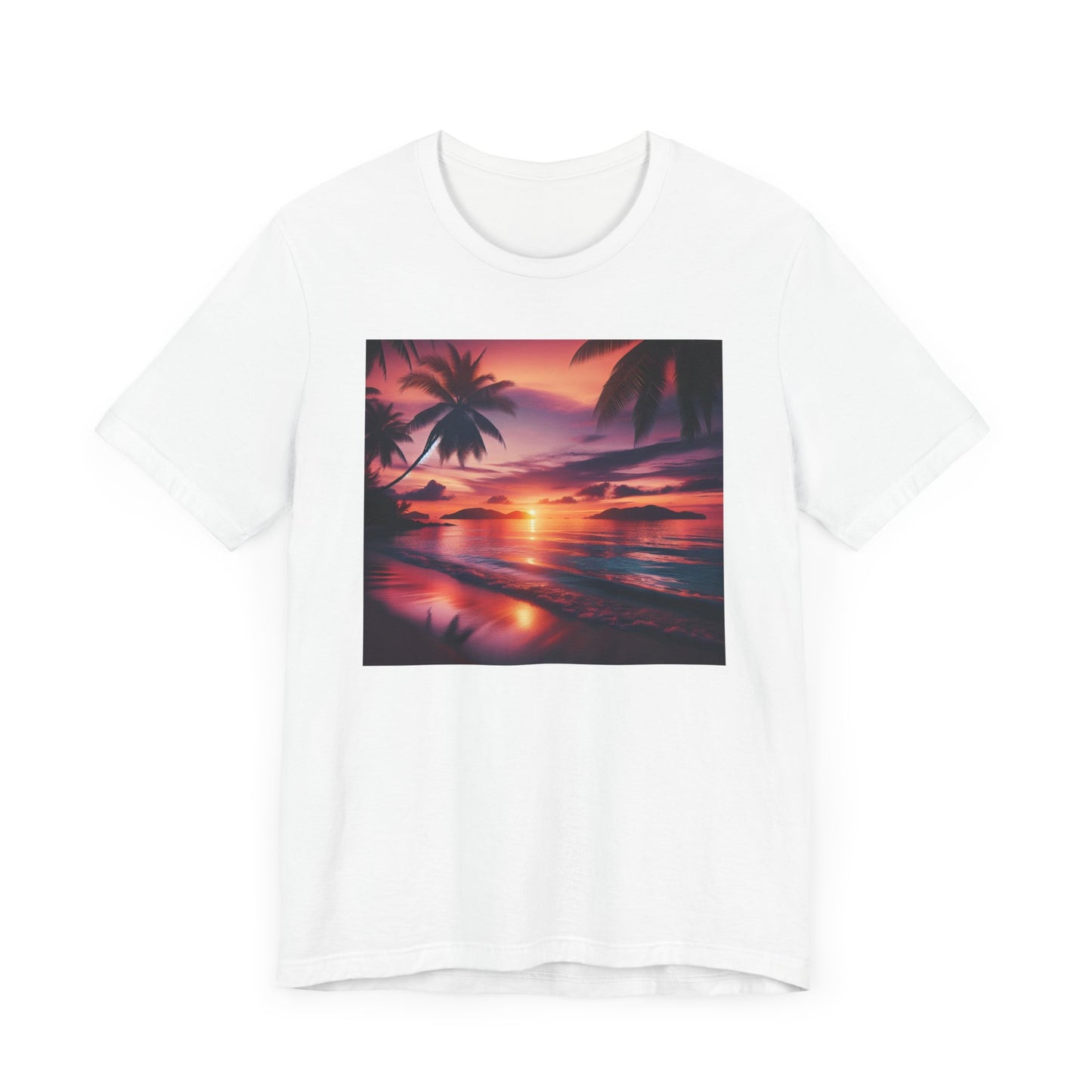 "Paradise Dusk: A Symphonic Blend of Sun, Sand & Serenity" - Tropical Beach Sunset with Palm Trees Unisex Jersey Tee