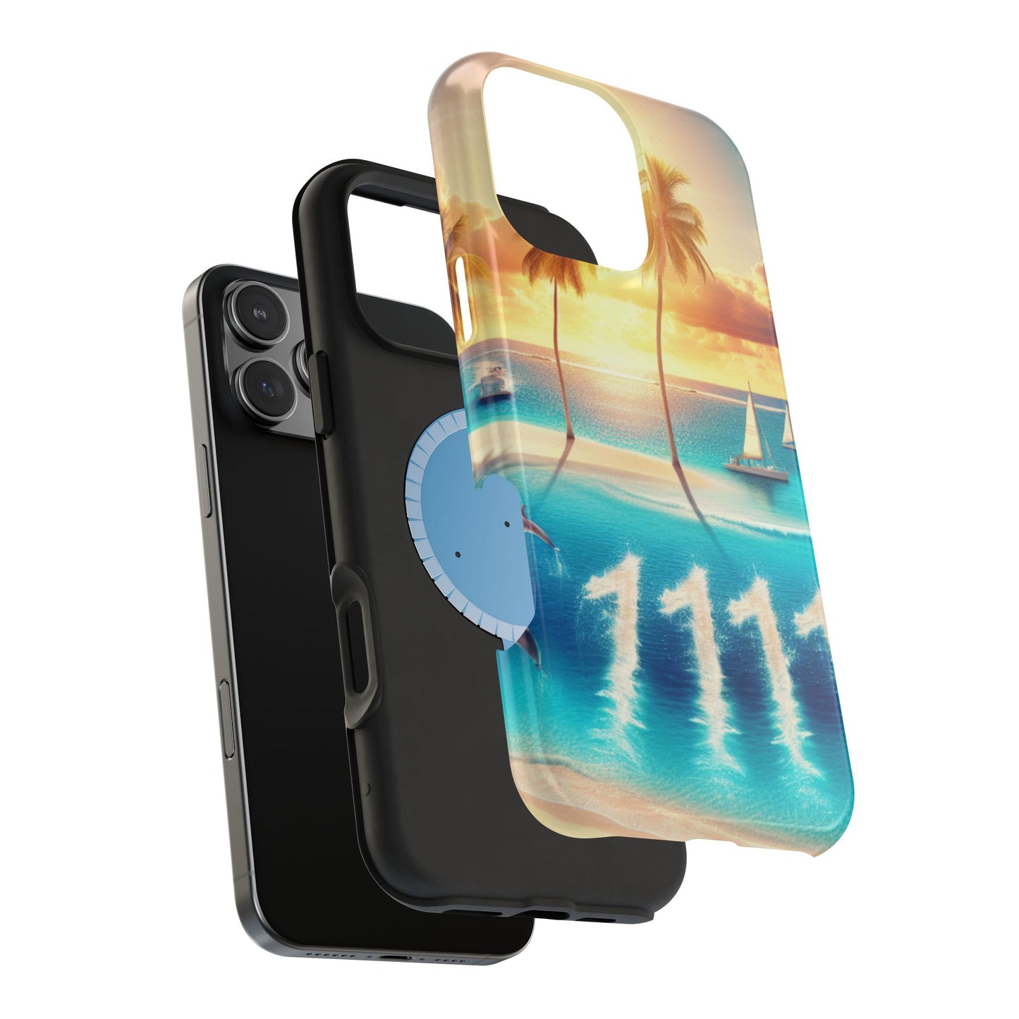 Magnetic Iphone 16 15 14 13 Pro and Max 1111 "Tropical Solitude: Sundown Serenity" - Tough Phone Case with Tropical Beach Sunset Dolphins ande Sailboats HD Art