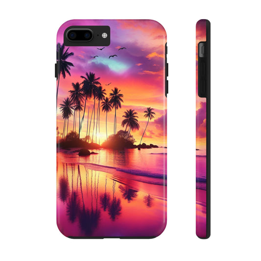 "Sundrenched Serenity: A Tropical Paradise" - Tropical Beach Sunset Art Tough Phone Case for Iphone and Samsung Galaxy s20 s21 s22 s23 s24