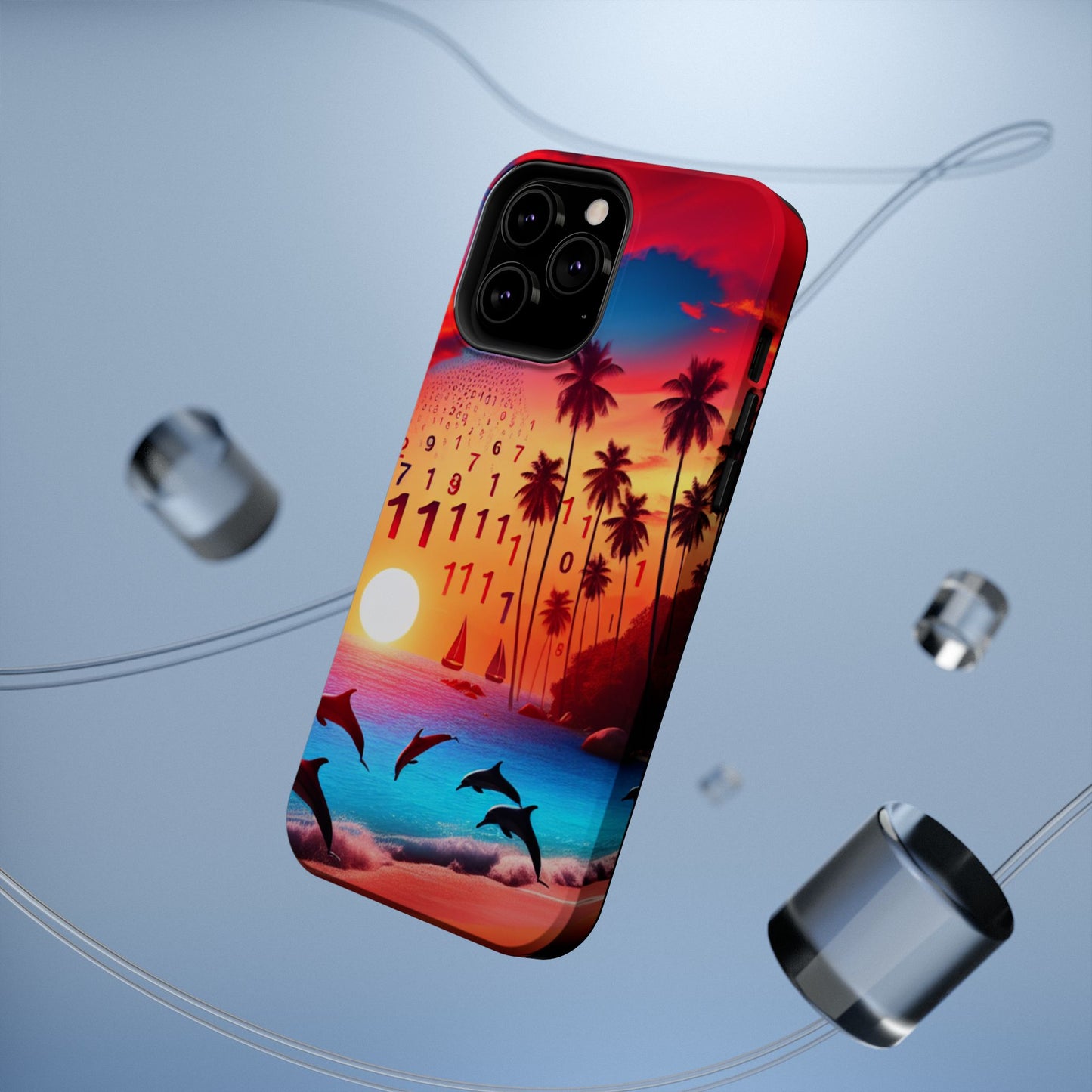 Magnetic Tough Phone case for phone 16 15 14 13 Pro Plus and Max  1111 "Serenity Horizon: Tropical Sundown Symphony" - Tough Phone Case with Tropical Beach Sunset Dolphins ande Sailboats HD Art