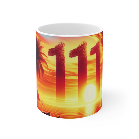 11oz Mug 1111 "Serene Shores: Angelic Echoes of 1111 in a Tropical Sunset Symphony" - Tropical Beach Sunset with Palm Trees Dolphins and Sailboats