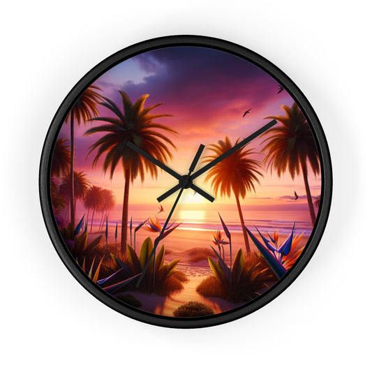 "Sunkissed Serenity: A Tropical Twilight Tapestry" - Tropical Beach at Sunset 10" Wall Art Clock