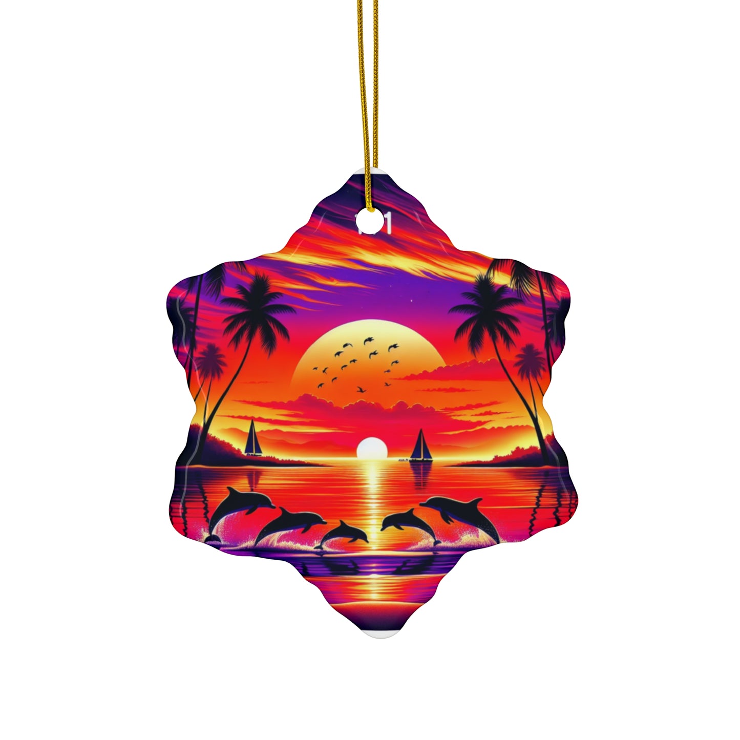 Ceramic Ornament Star, Heart, Snowflake or Circle 1111 "Paradise Dusk: An Exotic Beach Sunset Symphony" - Tropical Beach Sunset with Palm Trees, Dolphins, and Sailboats