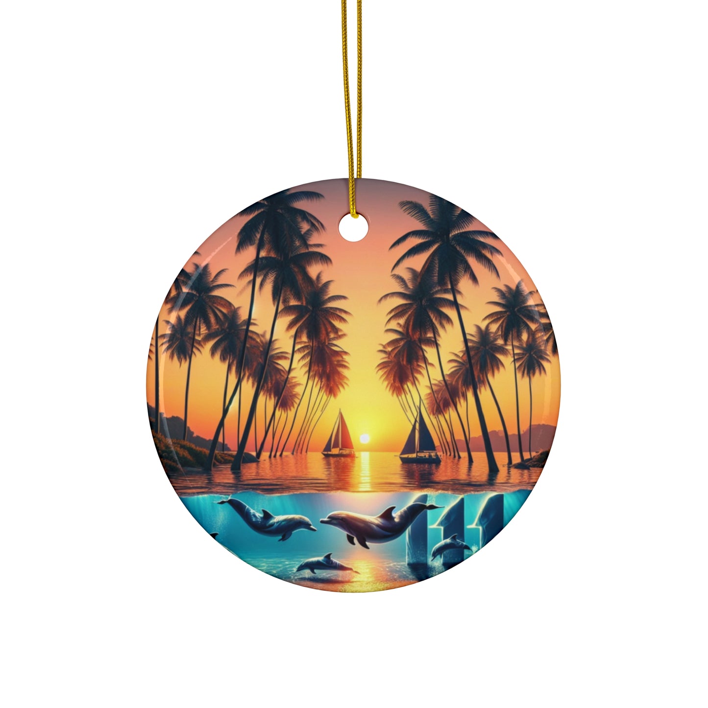 Ceramic Ornament Star, Heart, Snowflake or Circle 1111 "Serene Horizons: A Tropical Twilight Masterpiece" - Tropical Beach Sunset with Palm Trees, Dolphins, and Sailboats