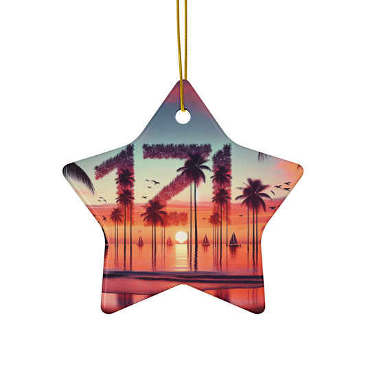 Ceramic Ornament Star, Heart, Snowflake or Circle 1111 "Paradise Dusk: Tropical Serenity" - Tropical Beach Sunset with Palm Trees, Dolphins, and Sailboats