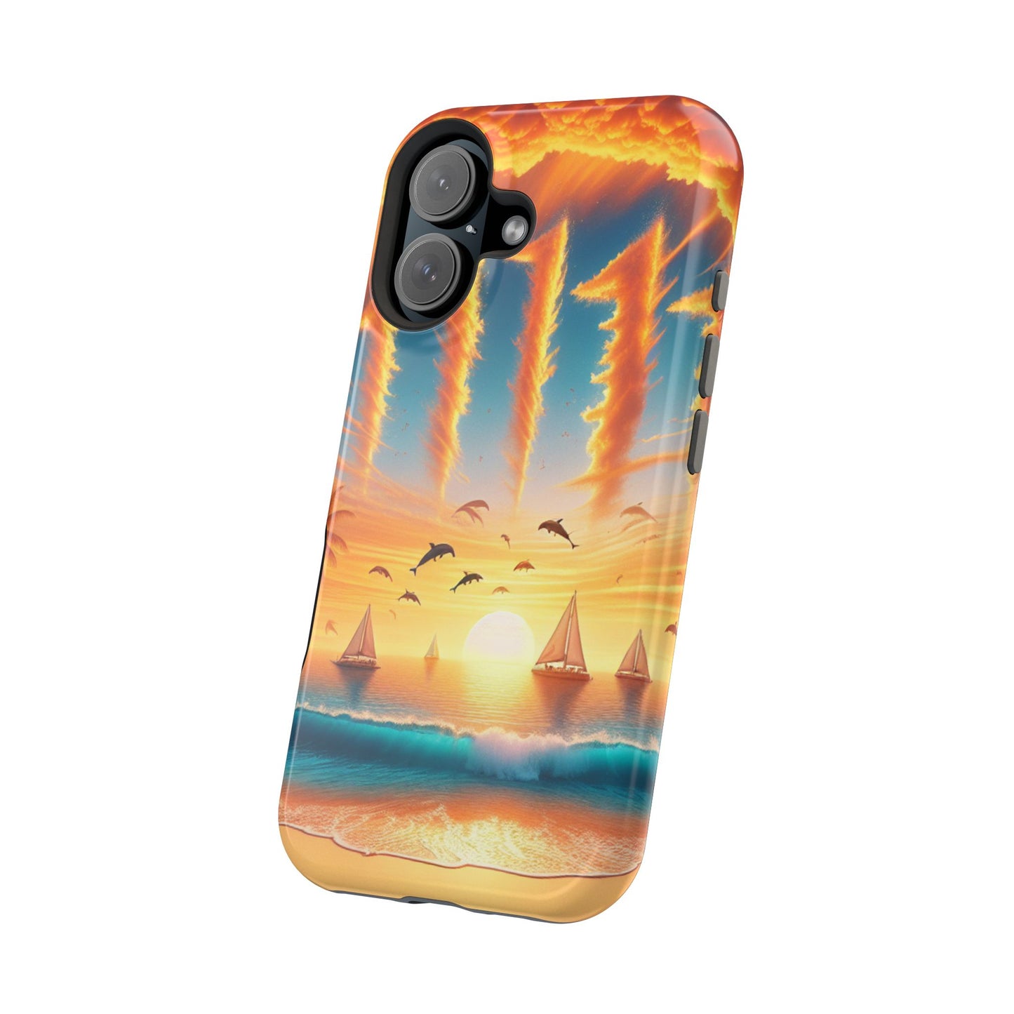 Magnetic Tough Phone case for phone 16 15 14 13 Pro Plus and Max  1111 "Paradise Serenade: Tropical Twilight Symphony" - Tough Phone Case with Tropical Beach Sunset Dolphins ande Sailboats HD Art