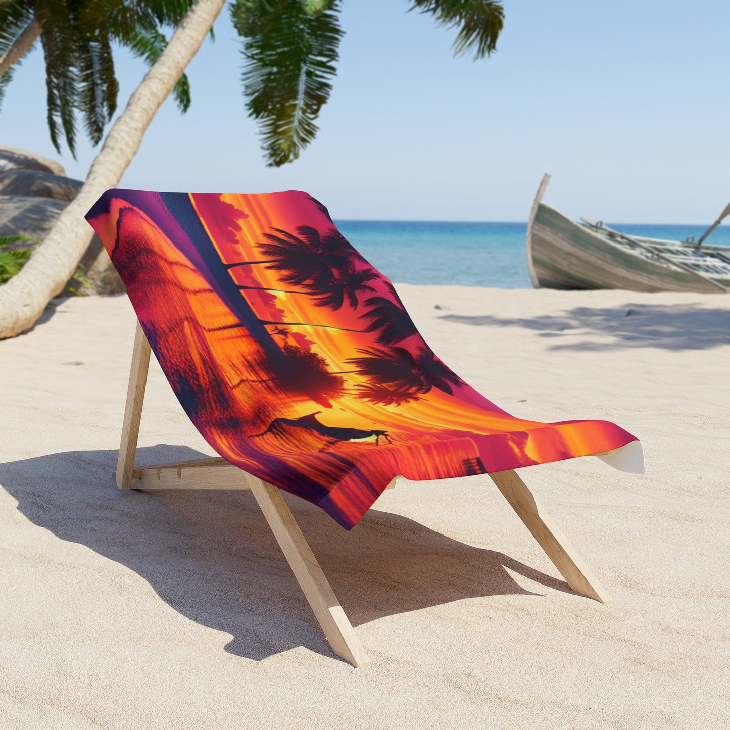 "Paradise Twilight: An Ode to Serene Horizons" - Tropical Beach Sunset with Palm Trees Beach Towel