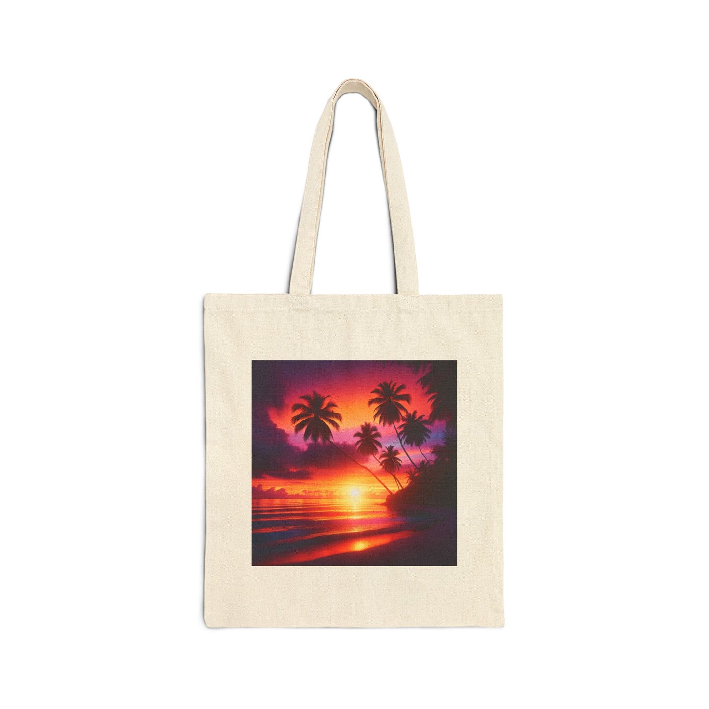 "Paradise Twilight: A Tropical Beach Sunset Serenade" - Natural or Black Cotton Canvas Tote Bag with Tropical Beach Sunset and Palm Trees