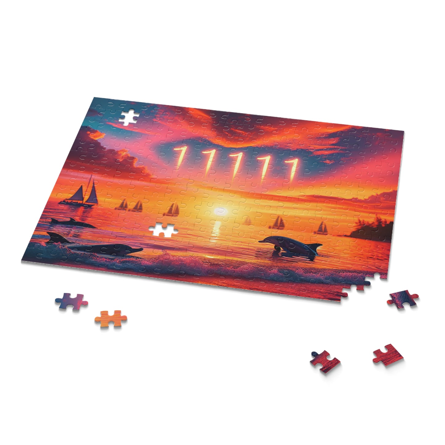 Jigsaw Puzzle, Tropical Beach Sunset Dolphins Sailboats 11111, Mindful Intentions Reminder, Positive Mindset, Visualize Goals, Affirm