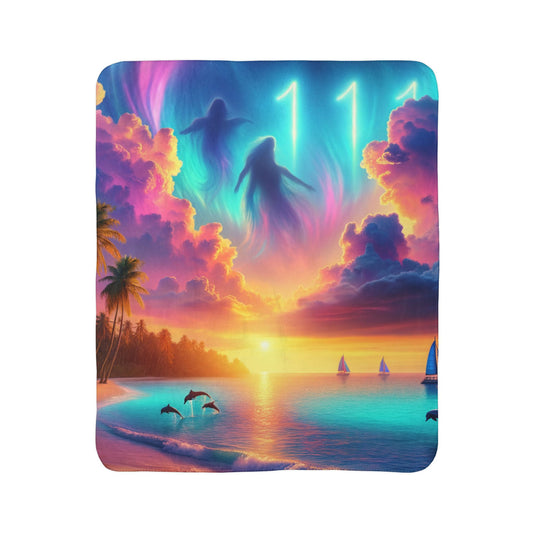 Sherpa Fleece Blanket 1111 "Sacred Serenity: An 1111 Angelic Twilight of the Tropics" -  with Tropical Beach Sunset, Palm Trees, Dolphins, and Sailboats