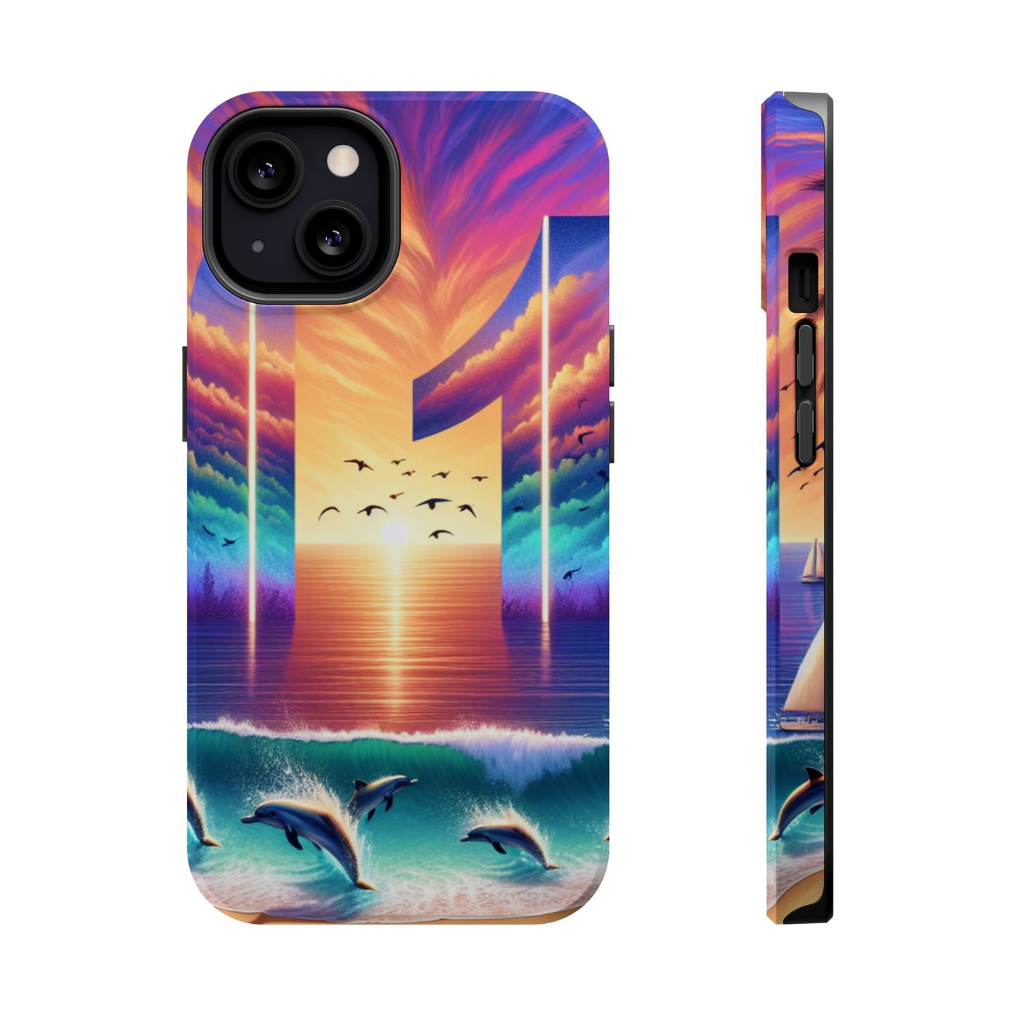 Magnetic Tough Phone case for phone 16 15 14 13 Pro Plus and Max  1111 "Island Serenity: Sunset Haven" - Tough Phone Case with Tropical Beach Sunset Dolphins ande Sailboats HD Art