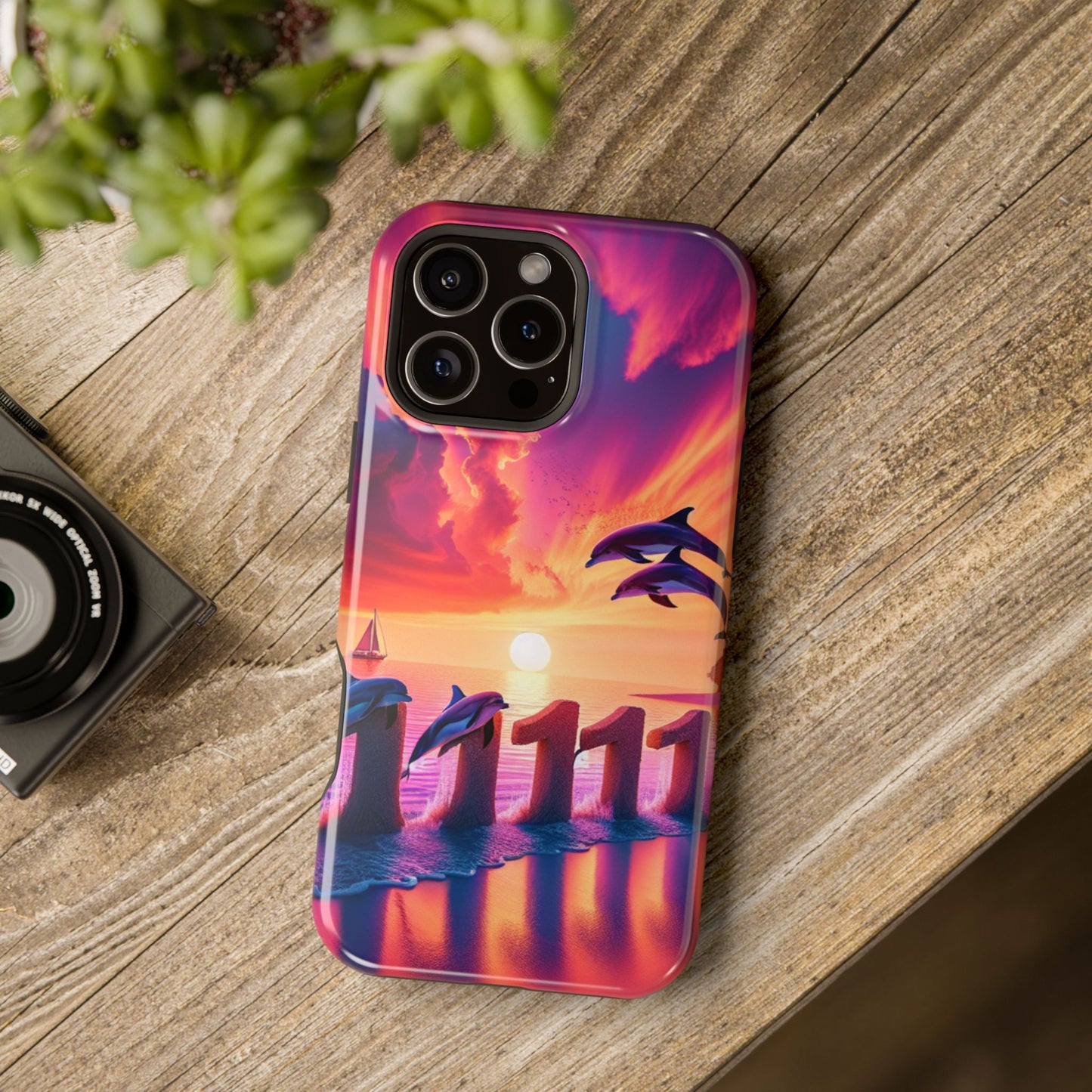 Magnetic Iphone 13-16 Pro and Max 1111 "Paradise Twilight: A Tropical Beach Sunset Symphony" - Tough Phone Case with Tropical Beach Sunset Dolphins ande Sailboats HD Art