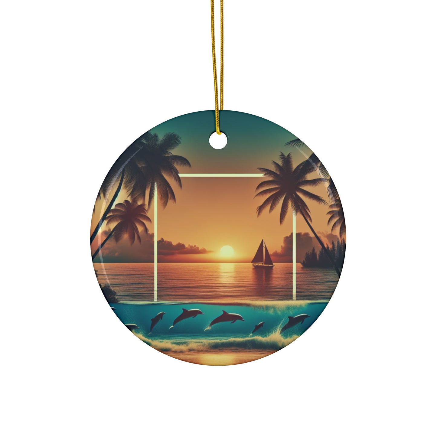 Ceramic Ornament Star, Heart, Snowflake or Circle 1111 "Sunkissed Serenity: Tropical Beach Sunset" - Tropical Beach Sunset with Palm Trees, Dolphins, and Sailboats