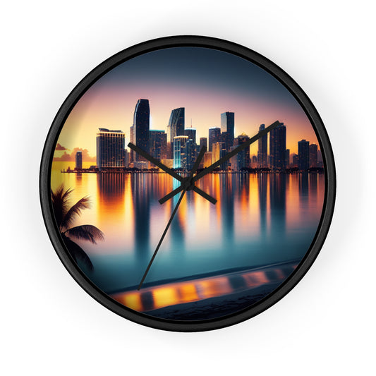 Miami Sunset City Lights and Ocean Reflection Wall Clock