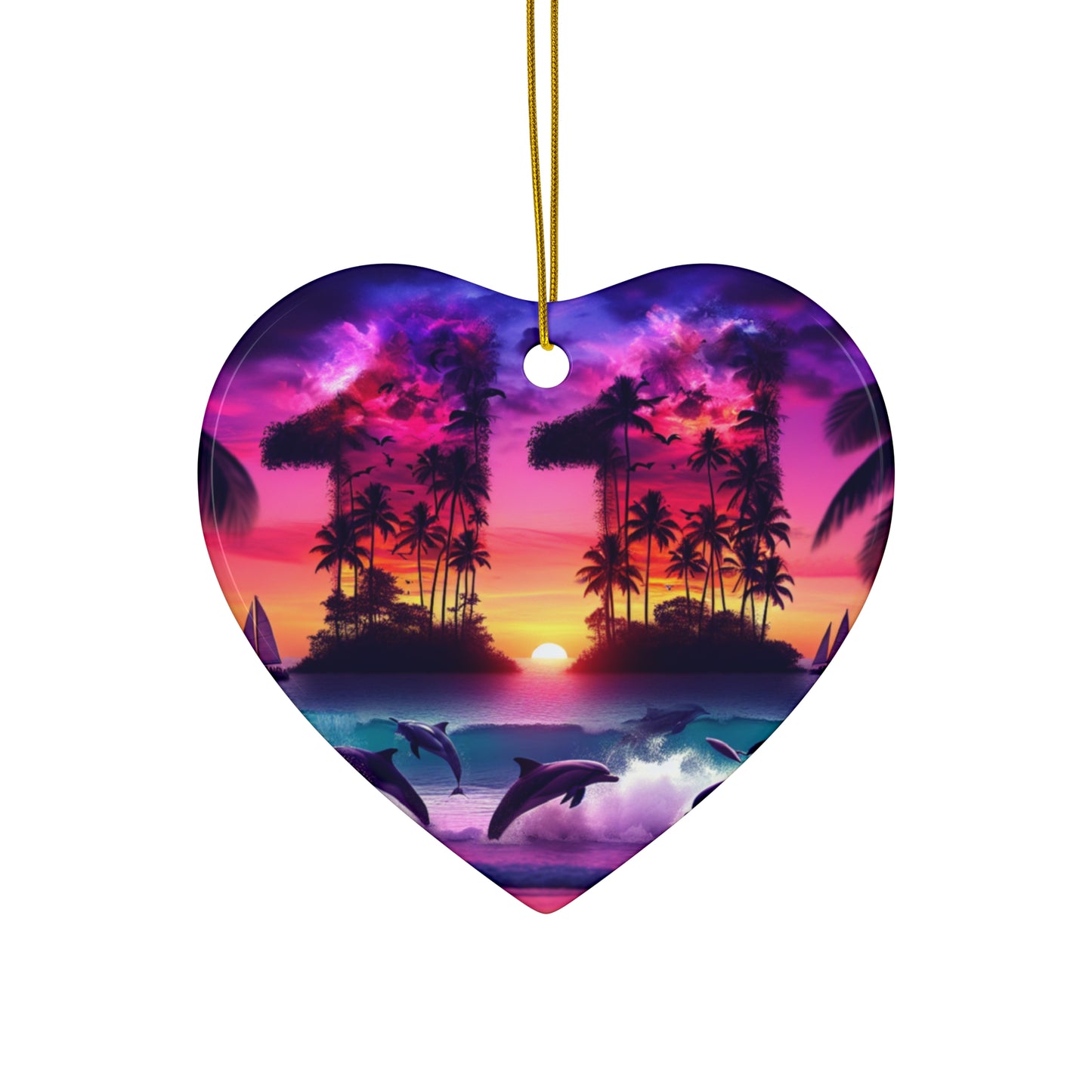 Ceramic Ornament Star, Heart, Snowflake or Circle 1111 "Paradise Serenity: A Tropical Beach Twilight Spectacle" - Tropical Beach Sunset with Palm Trees, Dolphins, and Sailboats