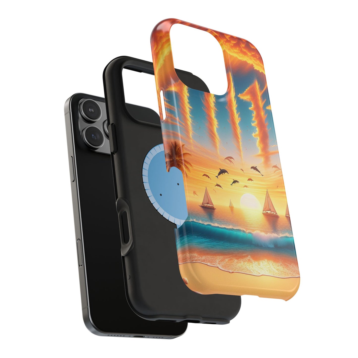 Magnetic Tough Phone case for phone 16 15 14 13 Pro Plus and Max  1111 "Paradise Serenade: Tropical Twilight Symphony" - Tough Phone Case with Tropical Beach Sunset Dolphins ande Sailboats HD Art