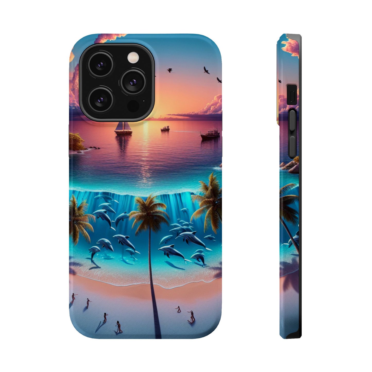 Magnetic Tough Phone case for phone 16 15 14 13 Pro Plus and Max  "Sunset Serenity: A Tropical Solitude" - Tough Phone Case with Tropical Beach Sunset Dolphins ande Sailboats HD Art