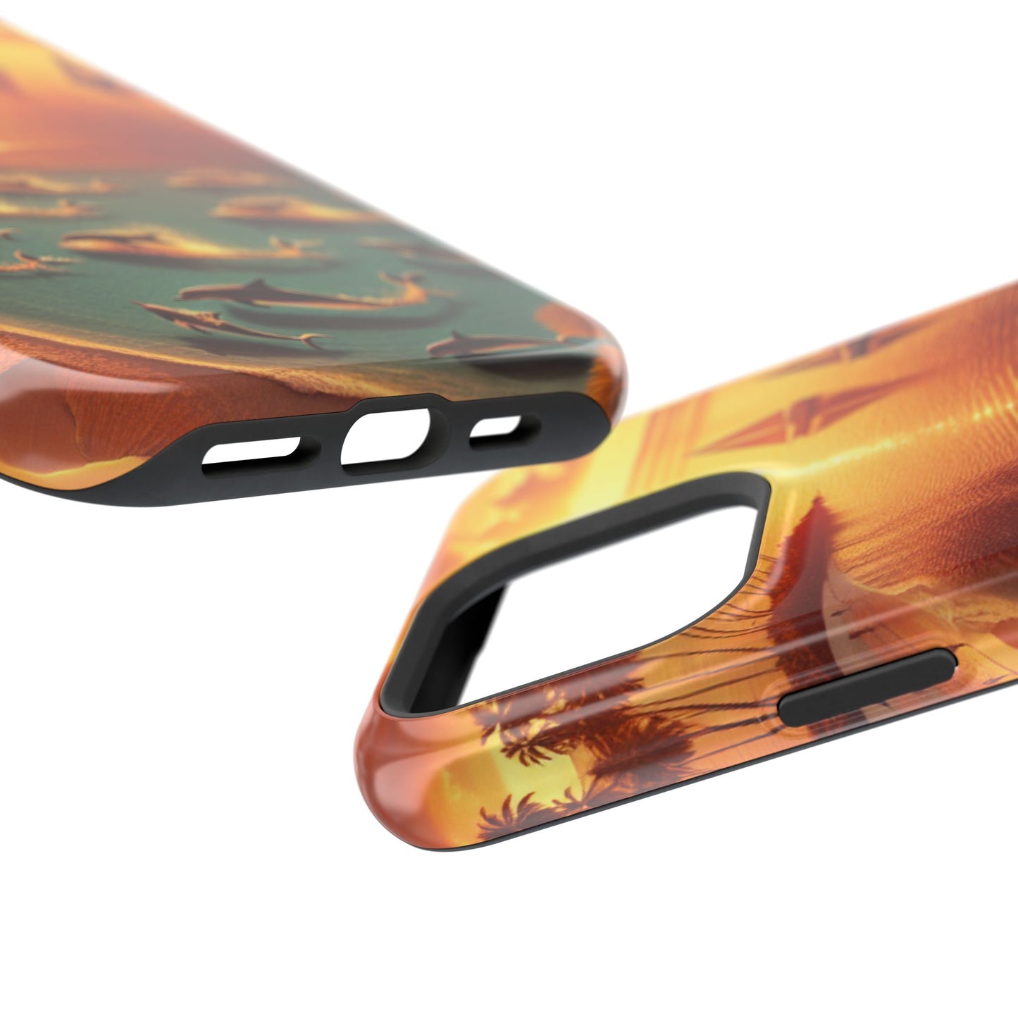 Magnetic Iphone 13-16 Pro and Max 1111 "Golden Sands: Tropical Dusk Serenade" - Tough Phone Case with Tropical Beach Sunset Dolphins ande Sailboats HD Art