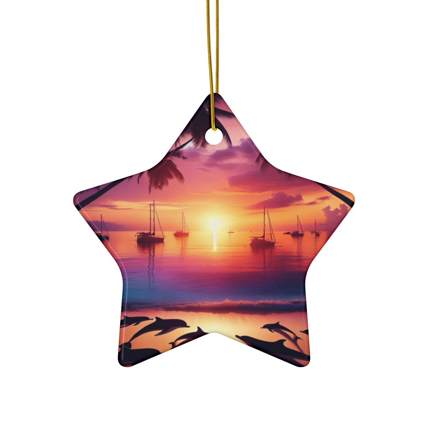 Ceramic Ornament Star, Heart, Snowflake or Circle 1111 "Tropical Twilight Serenade" - Tropical Beach Sunset with Palm Trees, Dolphins, and Sailboats