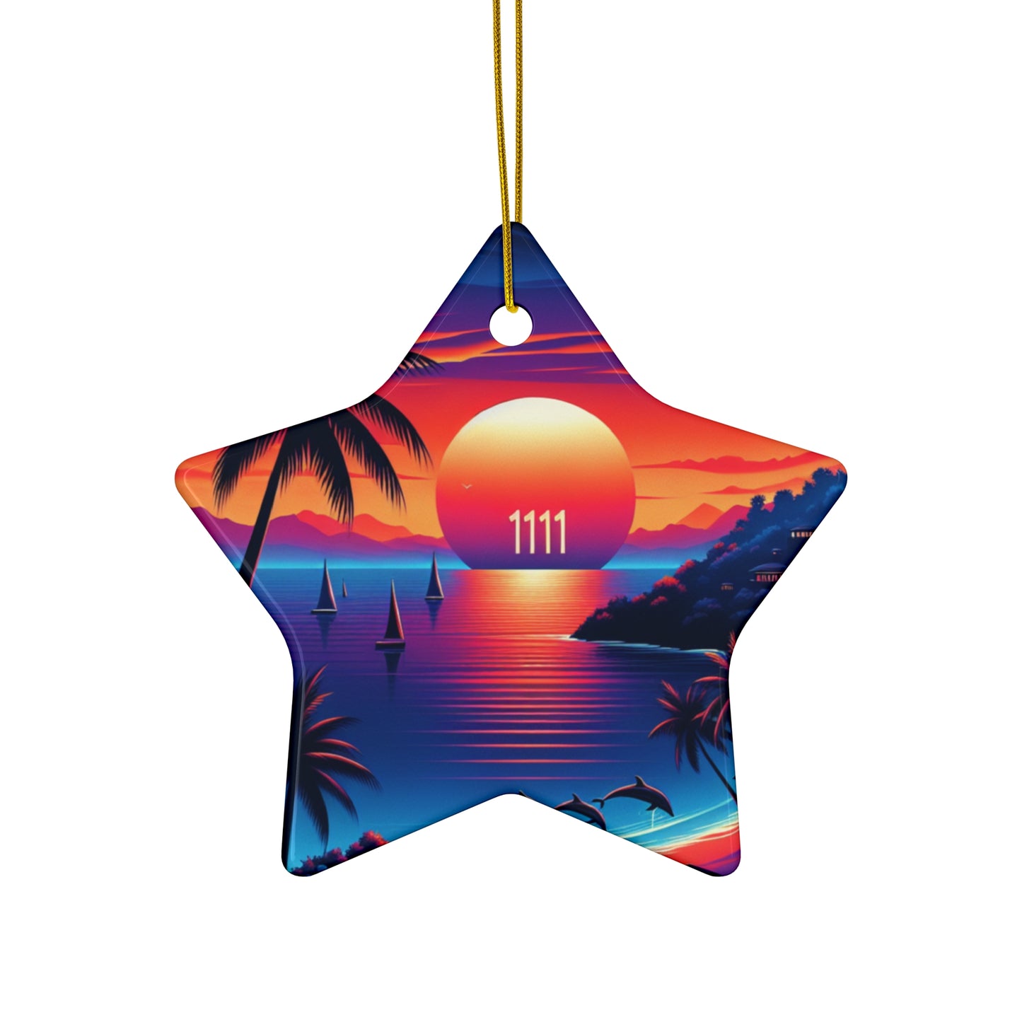 Ceramic Ornament Star, Heart, Snowflake or Circle 1111 "Palms Adrift In a Tropical Twilight" - Tropical Beach Sunset with Palm Trees, Dolphins, and Sailboats