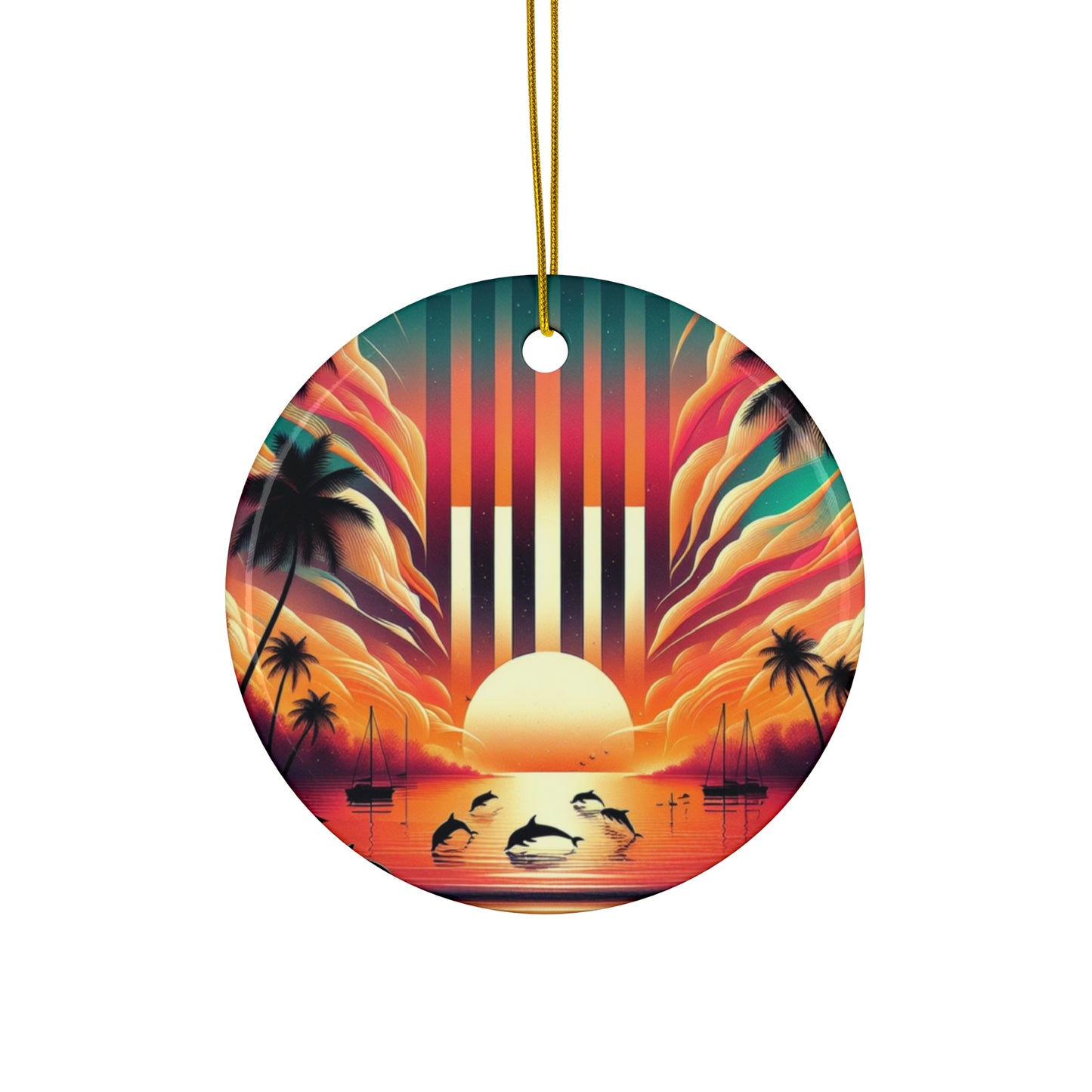 Ceramic Ornament Star, Heart, Snowflake or Circle 1111 "Paradise Serenade: Tropical Beach Sunset" - Tropical Beach Sunset with Palm Trees, Dolphins, and Sailboats