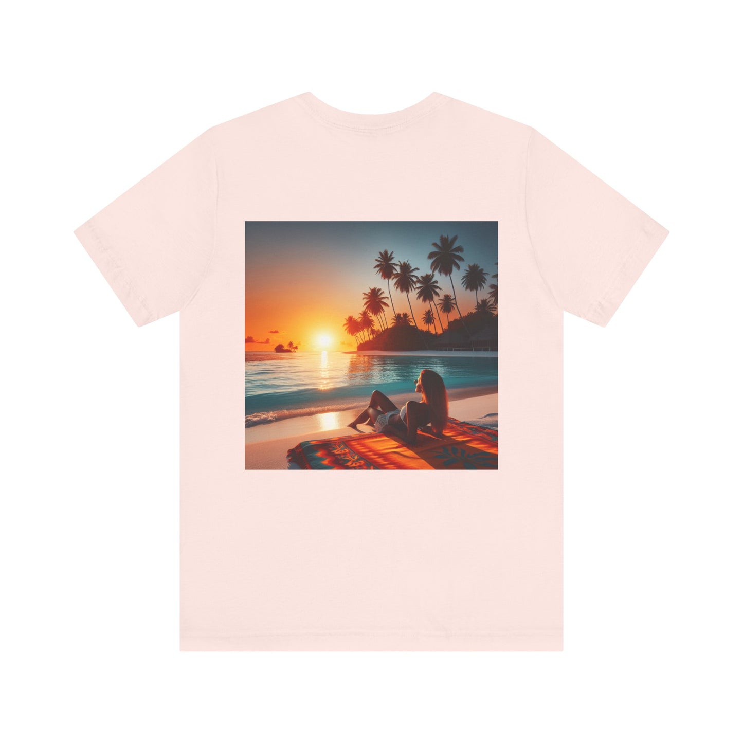 "Serene Solitude: An Exotic Sunset Symphony" - Tropical Beach Sunset with Palm Trees Unisex Jersey T-Shirt