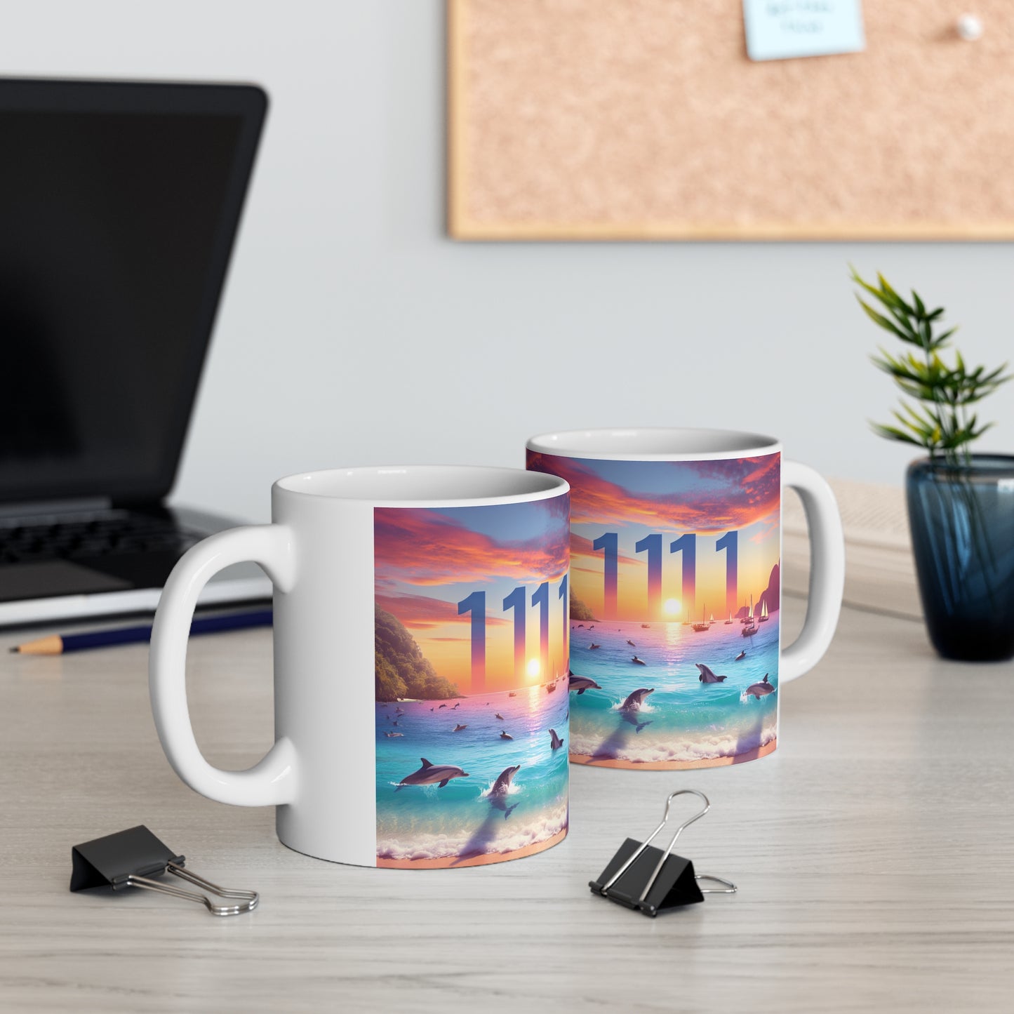 Tropical Dolphin Sunset 11oz Mug, Positive Mindset Reminder, Angel Number 1111, Beach Sailboat Coffee Cup, Goal Visualization Gift, Ocean