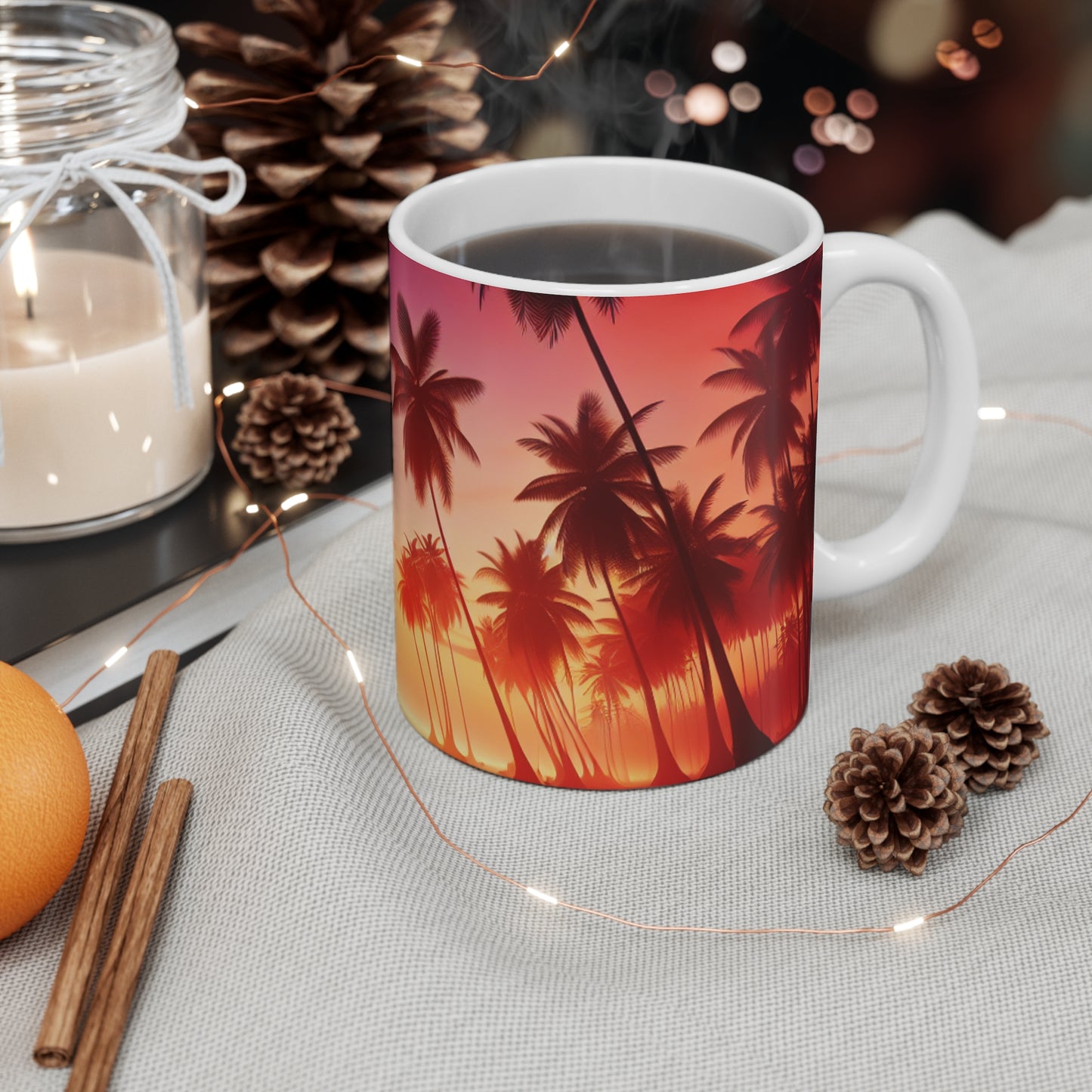 "Radiant Paradise: A Tropical Sundown Symphony" - Tropical Beach Sunset with Palm Trees 11oz White Mug