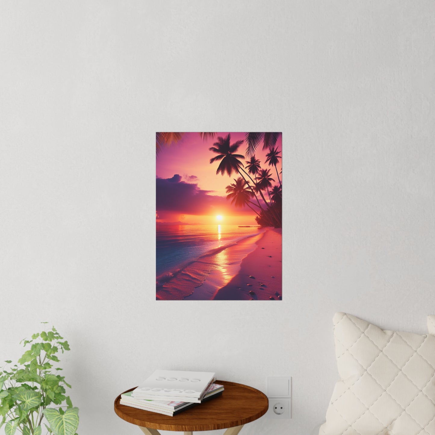 "Paradise Twilight: Palm Silhouettes on Azure Canvases" - Tropical Beach at Sunset Repositionanable Wall Art