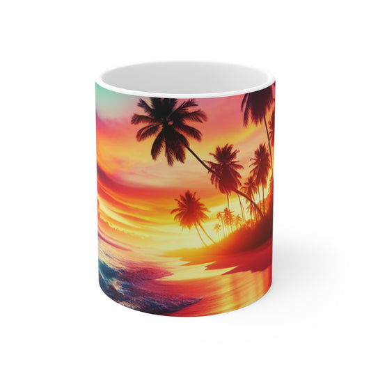 "Paradise Dusk: A Tropical Symphony" - Tropical Beach Sunset with Palm Trees 11oz White Mug