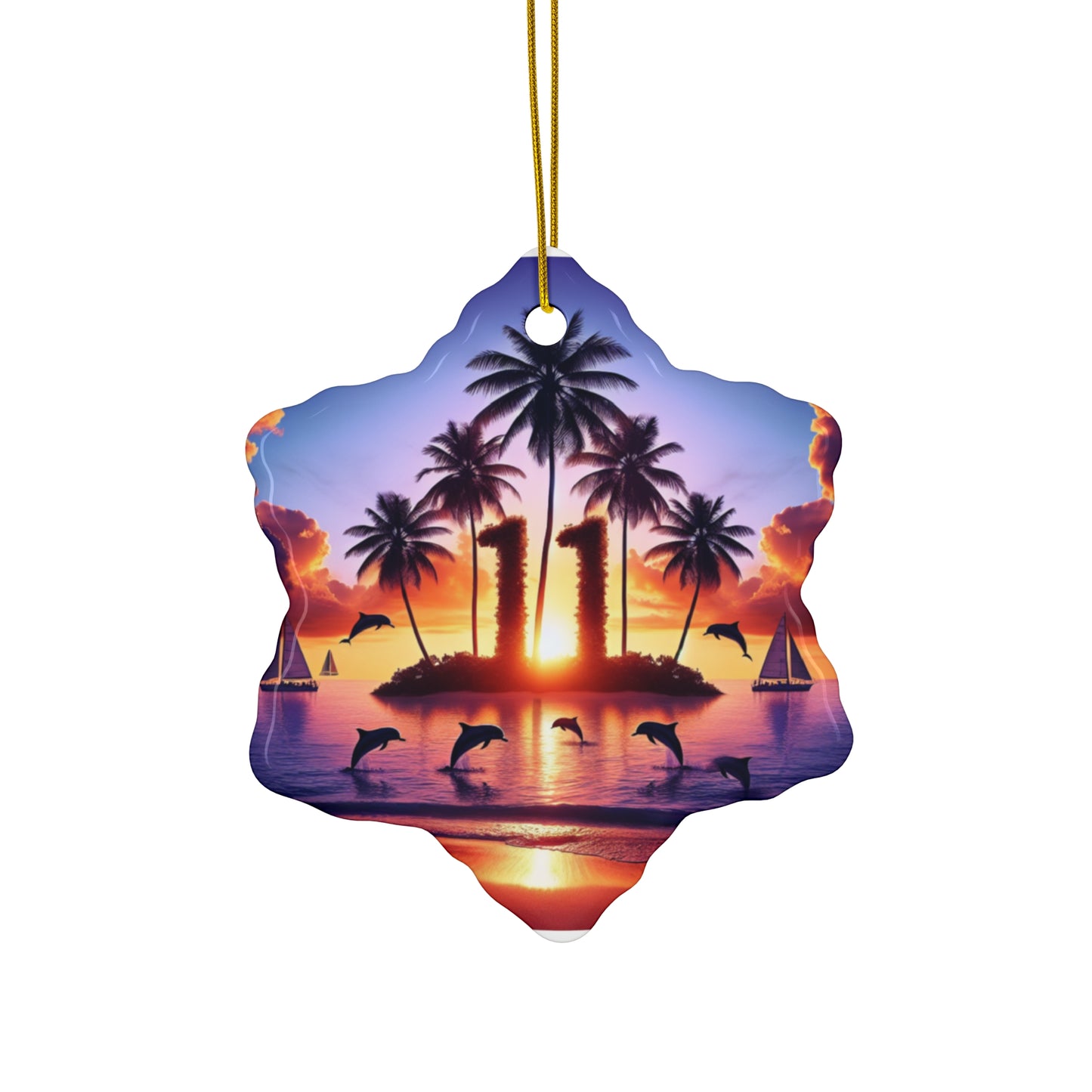 Ceramic Ornament Star, Heart, Snowflake or Circle 1111 "Crimson Dusk on Paradise Coast" - Tropical Beach Sunset with Palm Trees, Dolphins, and Sailboats