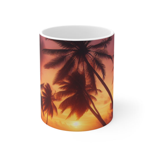 "Paradise Dusk: A Tropic Symphony" - Tropical Beach Sunset with Palm Trees 11oz White Mugs