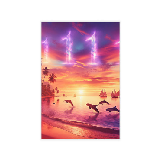 Repositionanable Wall Art Angel number 1111 "Crimson Serenity: An Exotic Sundown Symphony" - Tropical Beach at Sunset with Dolphins and Sailboats