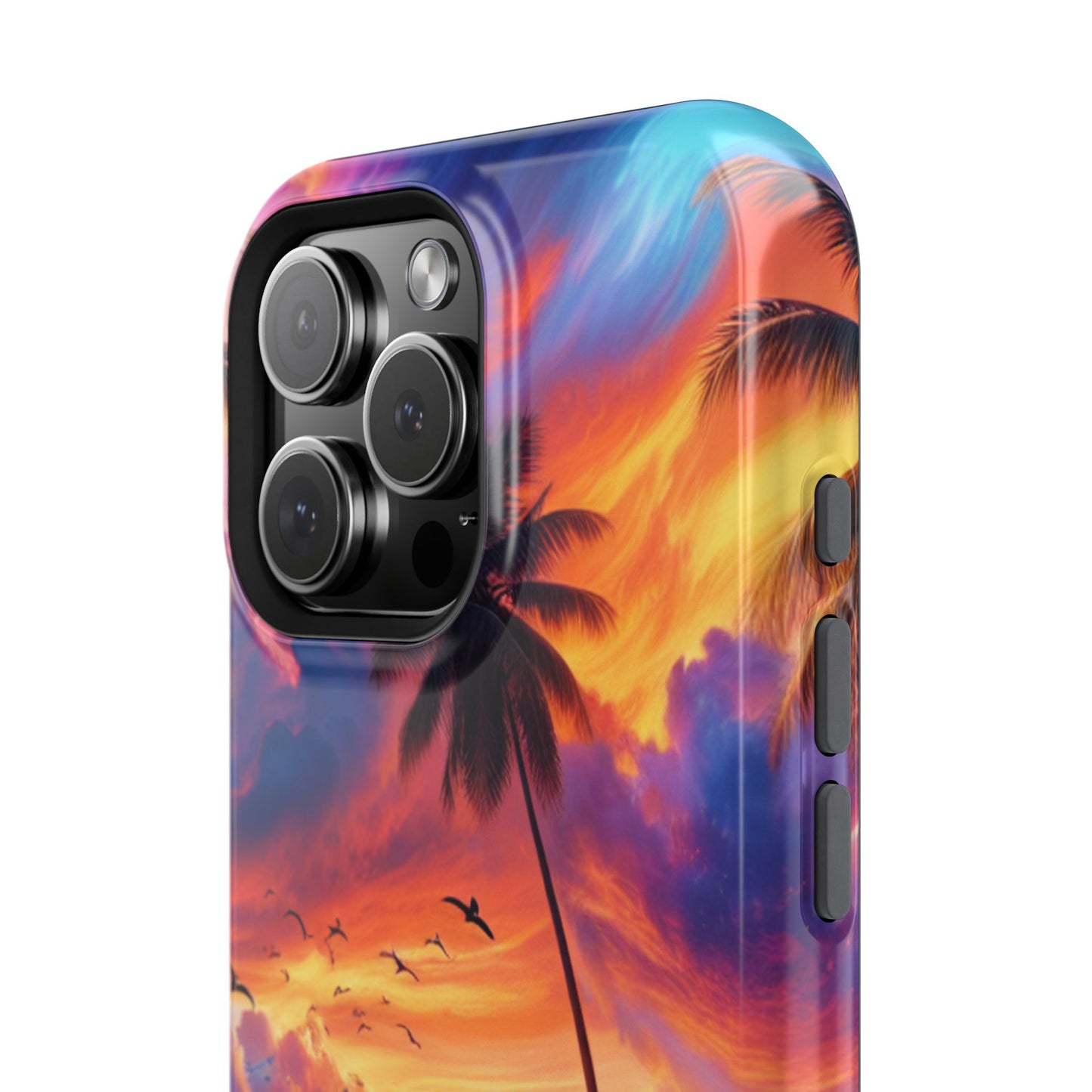 Magnetic Iphone 13-16 Pro and Max 1111 "Paradise At Dusk - A Tropical Serenity" - Tough Phone Case with Tropical Beach Sunset Dolphins ande Sailboats HD Art