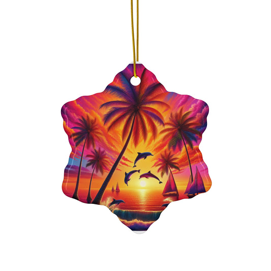 Ceramic Ornament Star, Heart, Snowflake or Circle 1111 "Serenity Sundown: A Tropical Paradise Escape" - Tropical Beach Sunset with Palm Trees