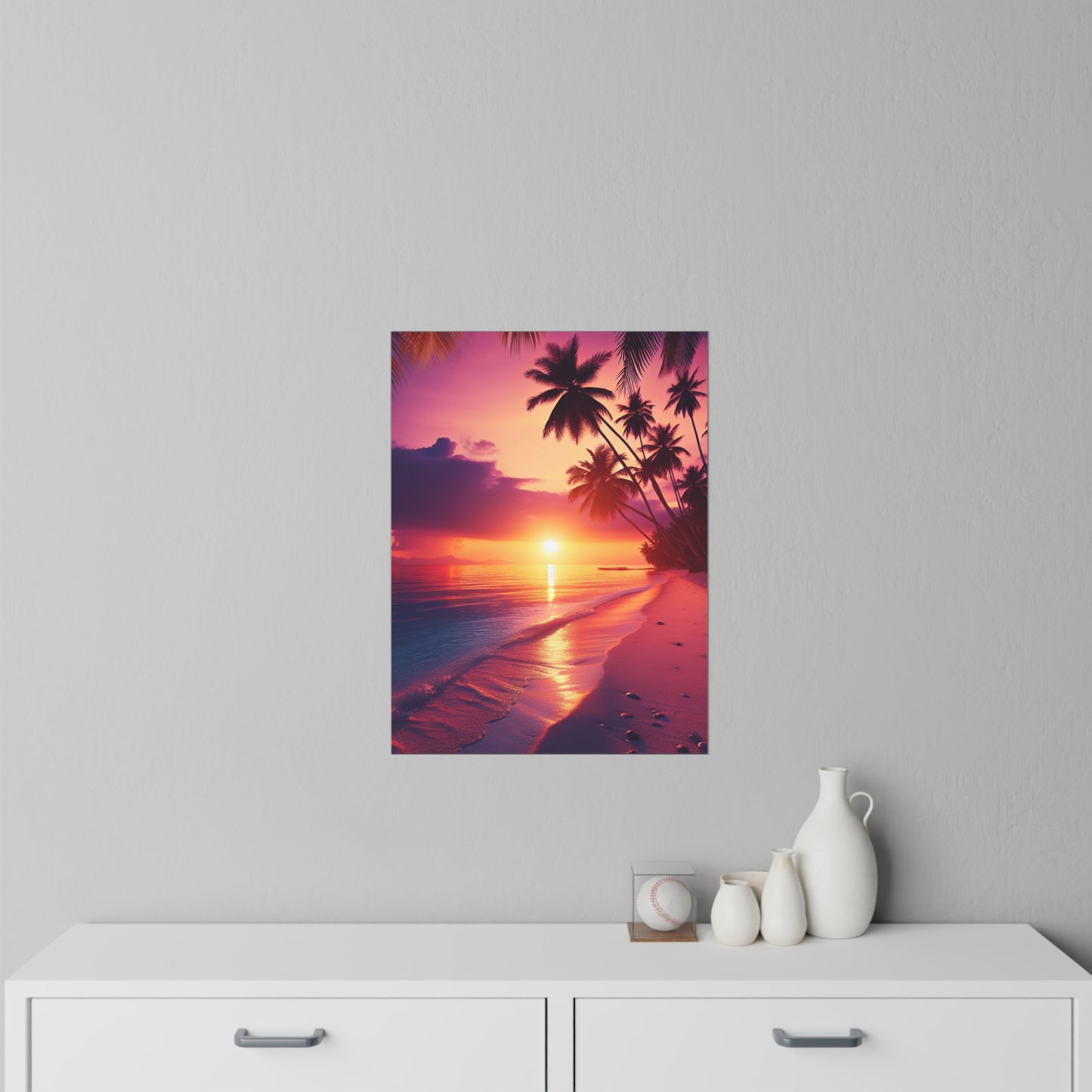 "Paradise Twilight: Palm Silhouettes on Azure Canvases" - Tropical Beach at Sunset Repositionanable Wall Art