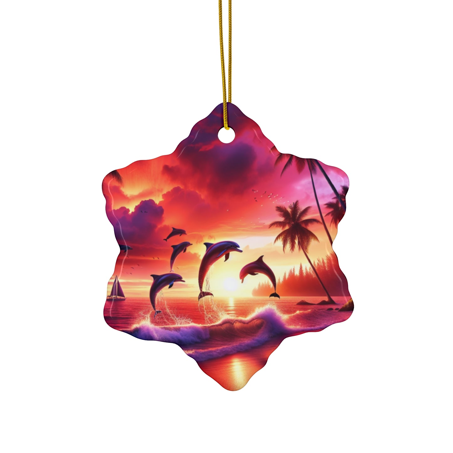 Ceramic Ornament Star, Heart, Snowflake or Circle 1111 "Paradise Dream: A Serene Tropical Sundown" - Tropical Beach Sunset with Palm Trees, Dolphins, and Sailboats