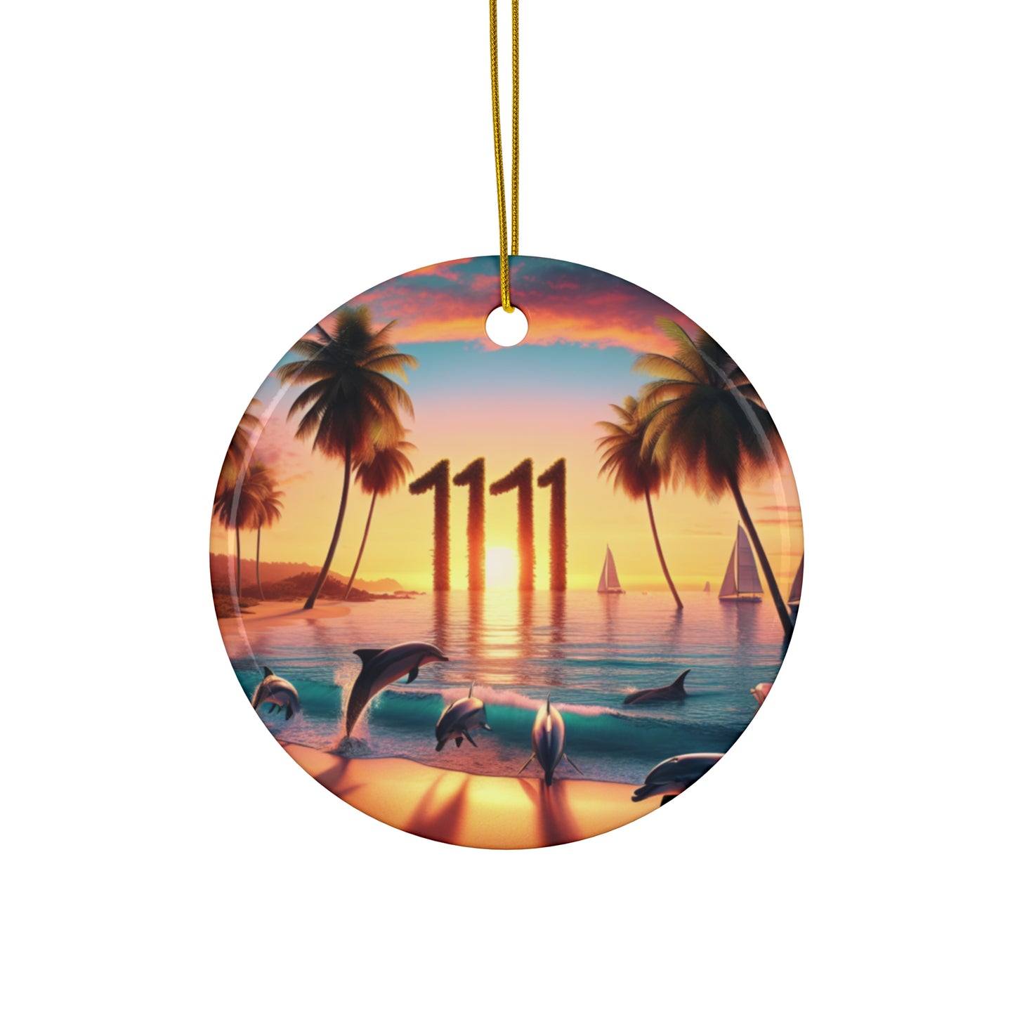 Ceramic Ornament Star, Heart, Snowflake or Circle 1111 "Serene Sundown: A Tropical Paradise Symphony" - Tropical Beach Sunset with Palm Trees, Dolphins, and Sailboats