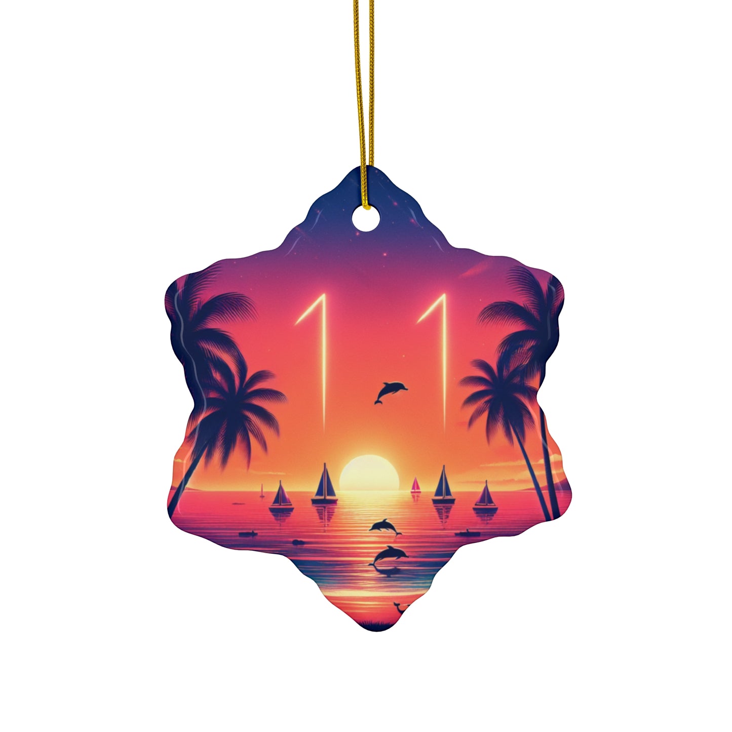 Ceramic Ornament Star, Heart, Snowflake or Circle 1111 "Paradise Dusk: A Tropical Beach Sunset Symphony" - Tropical Beach Sunset with Palm Trees, Dolphins, and Sailboats