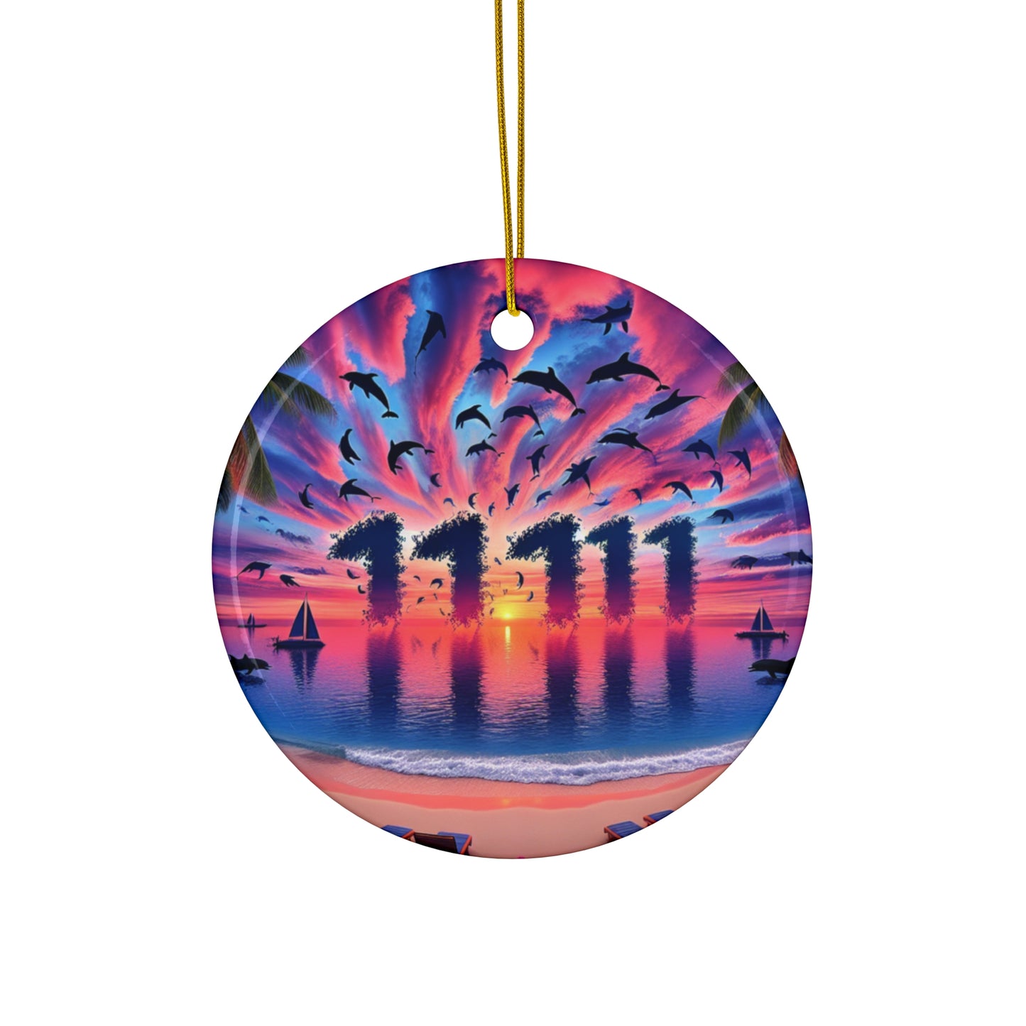 Ceramic Ornament Star, Heart, Snowflake or Circle 1111 "Serenity Sands: A Tropical Sundown Symphony" - Tropical Beach Sunset with Palm Trees, Dolphins, and Sailboats