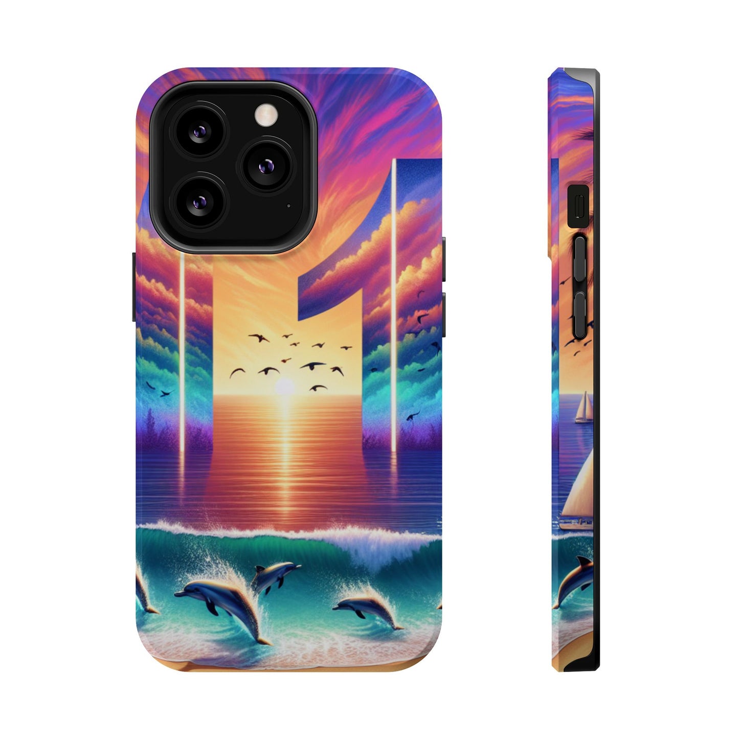 Magnetic Tough Phone case for phone 16 15 14 13 Pro Plus and Max  1111 "Island Serenity: Sunset Haven" - Tough Phone Case with Tropical Beach Sunset Dolphins ande Sailboats HD Art